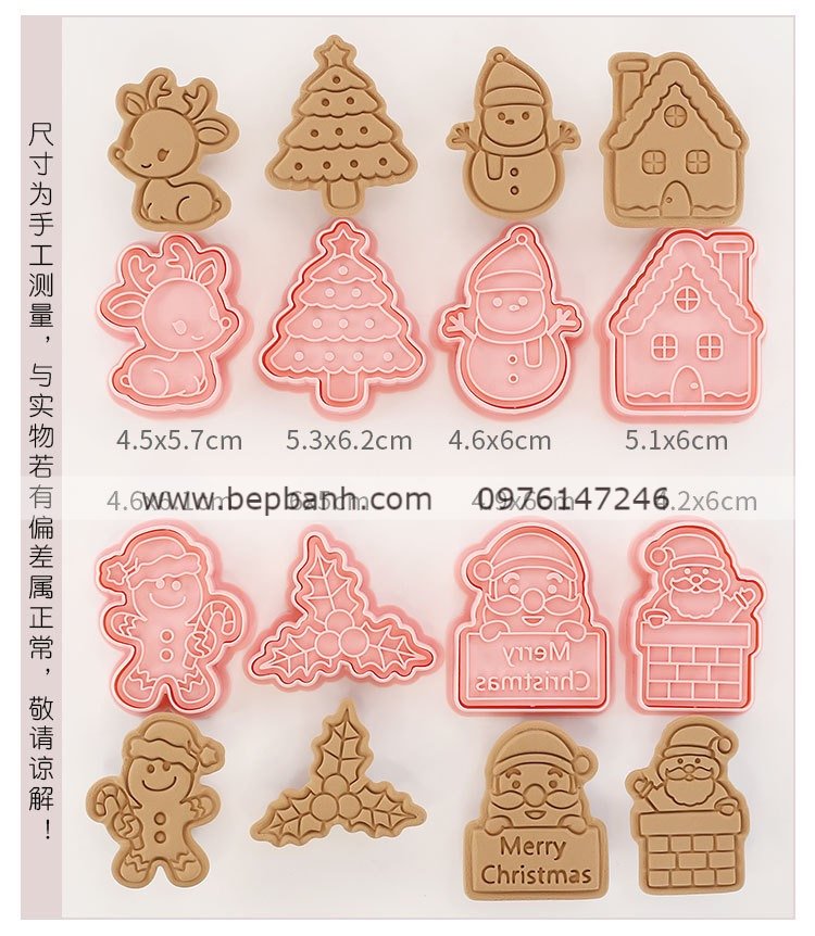 Bộ 8 nhấn nhựa bánh quy hồng mẫu Giáng sinh Nô en