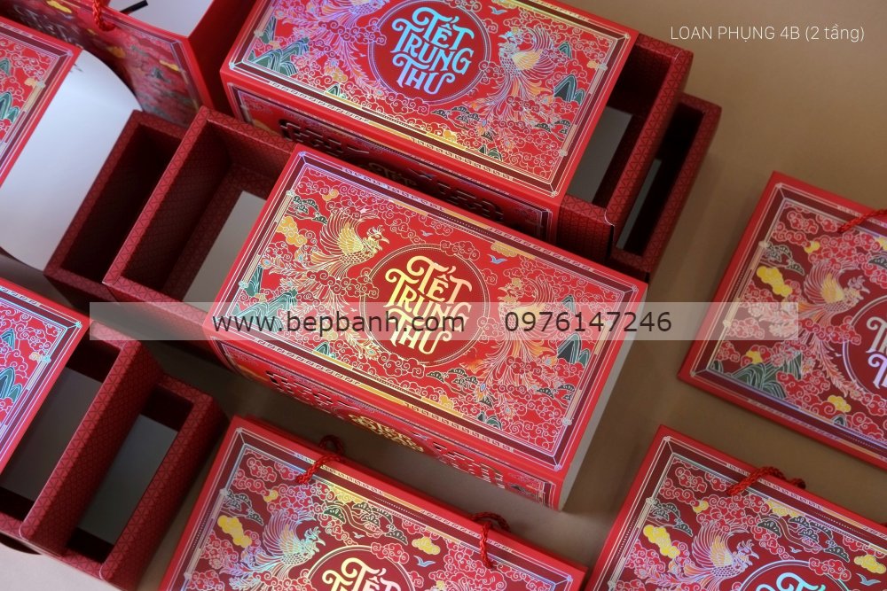 Hộp giấy trung thu 4 bánh 2 Tầng 150gr - 250gr - Loan Phụng 2T