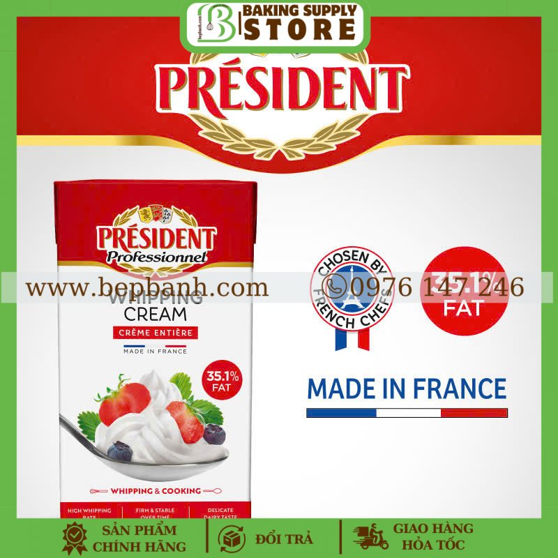 Whipping cream / Kem tươi President 1L 