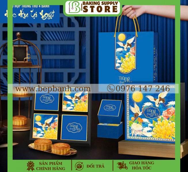 Hộp giấy trung thu 4 bánh >200gr (4HC) - Hạc Hoa