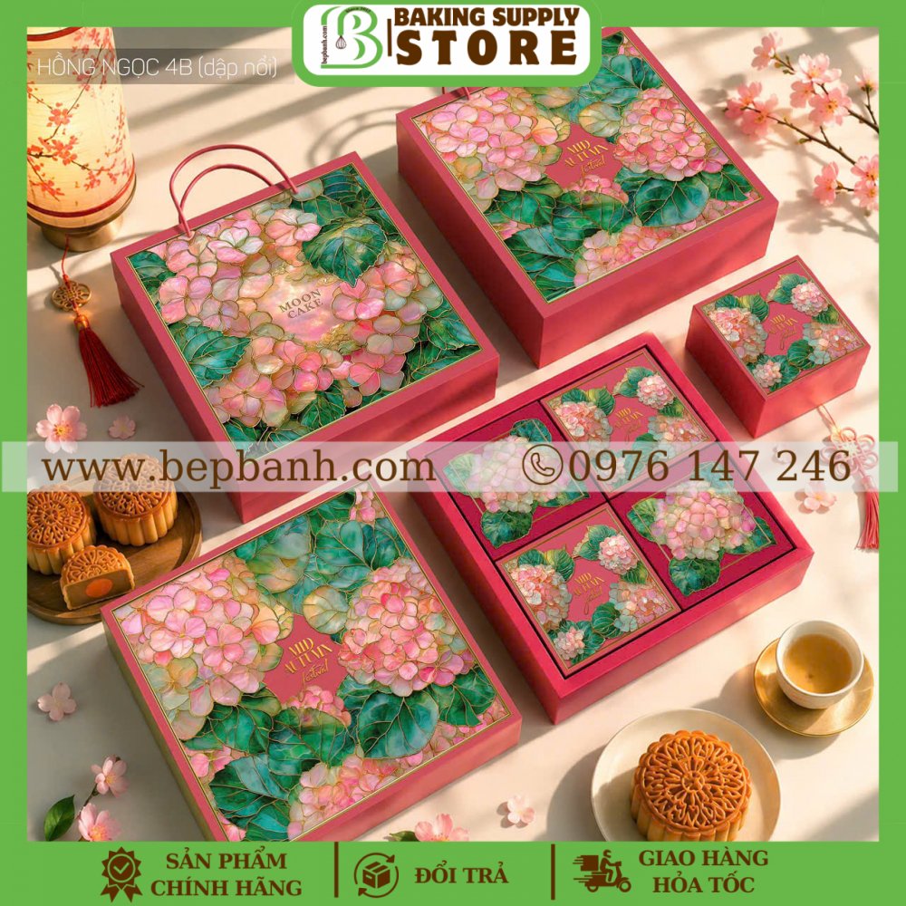  Hộp giấy trung thu 4 bánh >200gr (4HC) Hồng Ngọc