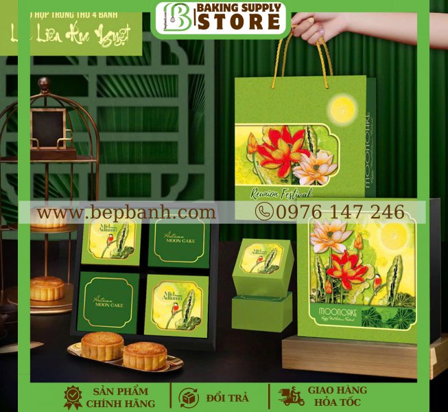 Hộp giấy trung thu 4 bánh >200gr (4HC) - Lục Liên